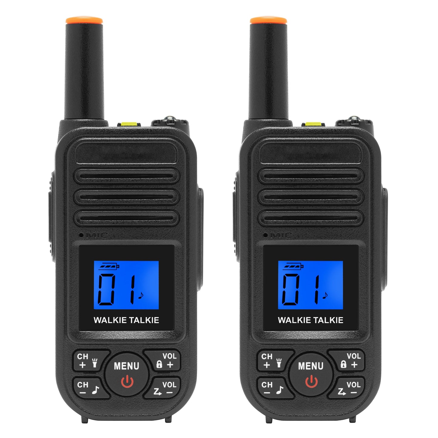 Luxorparts walkie-talkie 2-pack sort, blå oplyst display med "01", antenner, knapper, support for genopladelige batterier.