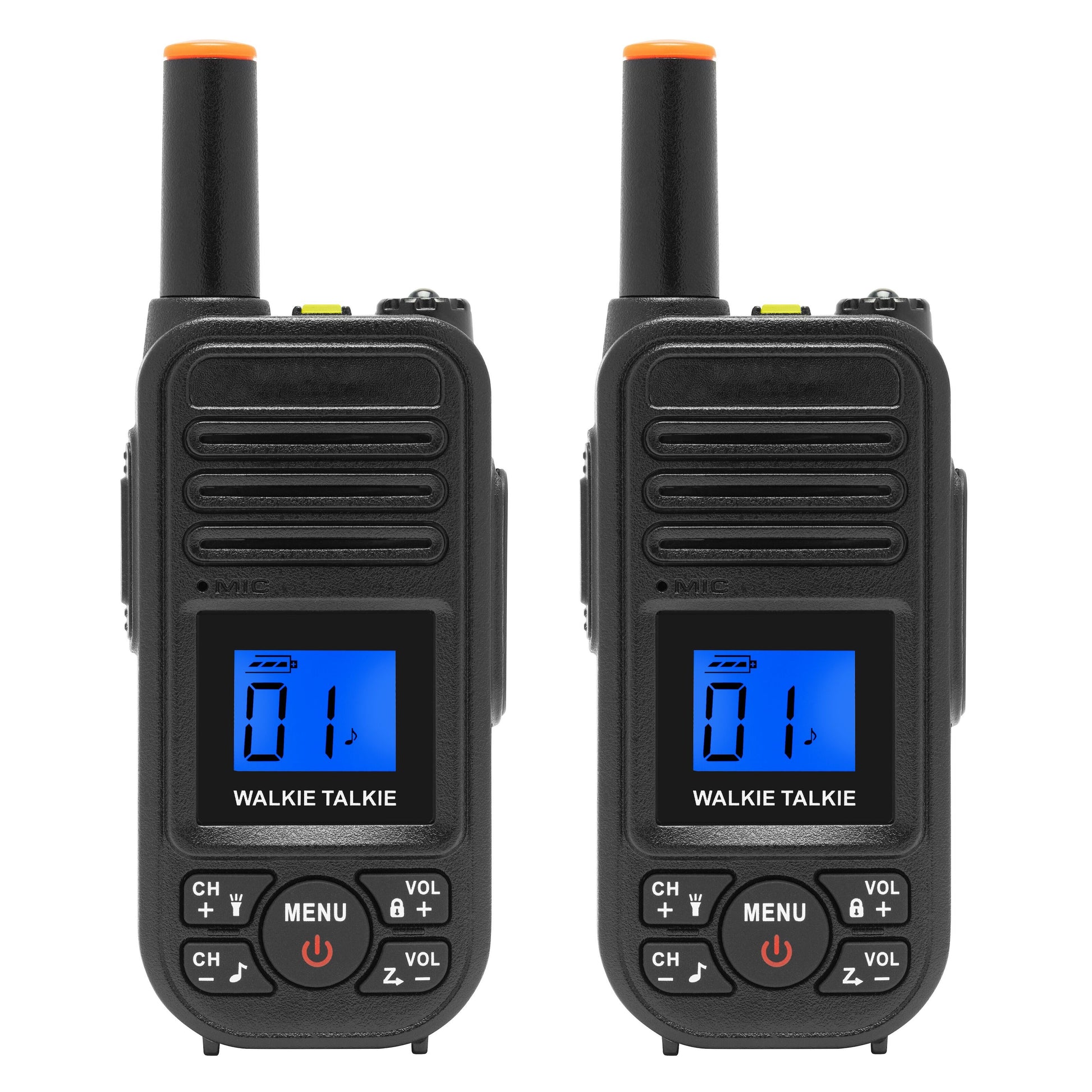 Luxorparts walkie-talkie 2-pack sort, blå oplyst display med "01", antenner, knapper, support for genopladelige batterier.