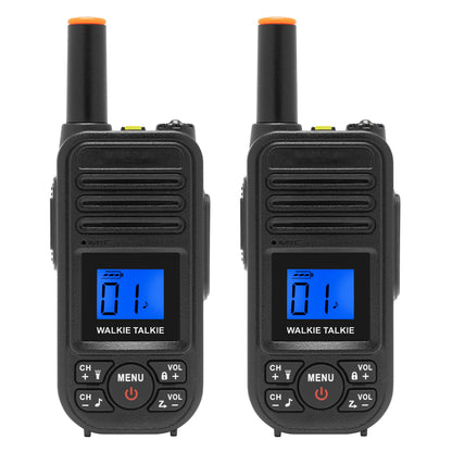Luxorparts walkie-talkie 2-pack sort, blå oplyst display med "01", antenner, knapper, support for genopladelige batterier.