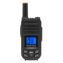 Luxorparts walkie-talkie 2-pak sort med orange spids, LCD viser kanal 01, knapper til menu, lydstyrke og kanal, 10 km rækkevidde.