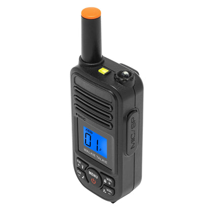Luxorparts walkie-talkie 2-pack 10 km sort med genopladelige batterier, orange antennespidser, blåt display '01', knapper.