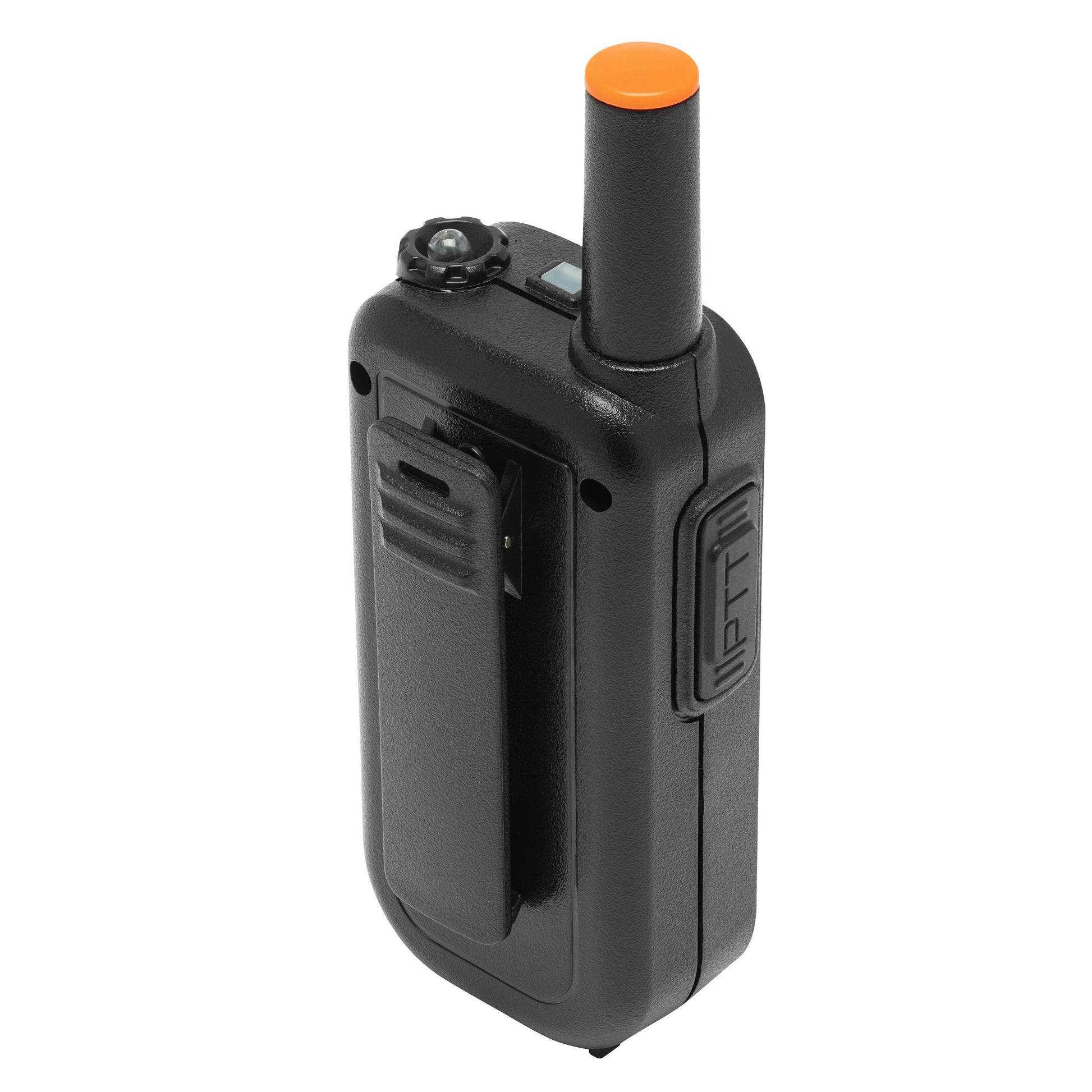 Luxorparts walkie-talkie 2-pak, sort, 10 km rækkevidde, orange topknap, side-PTT-knap, bælteclip, opladelige batterier.