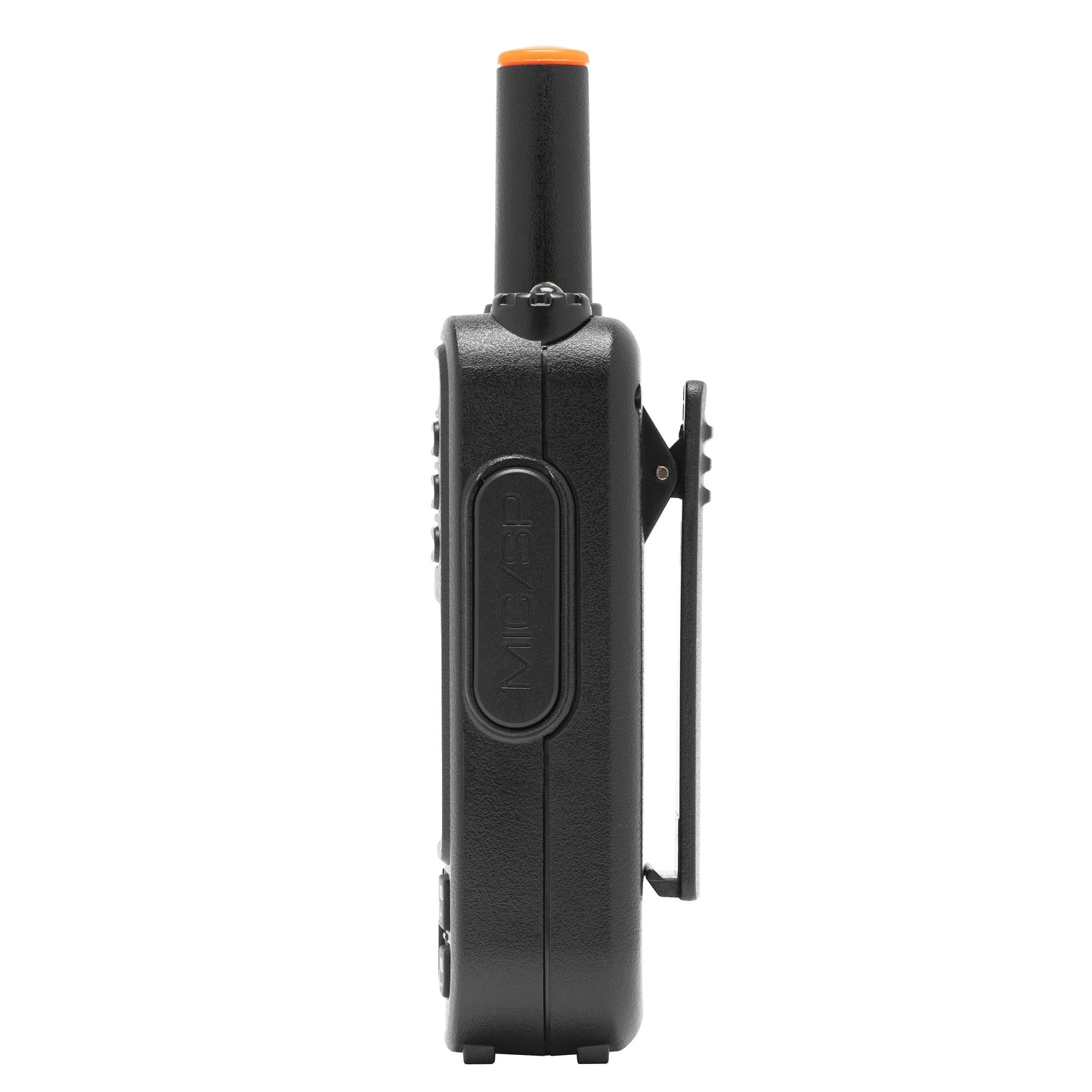 Sort Luxorparts walkie-talkie sideview med orange antennespidser, bælteclips og logo, rækkevidde 10 km.