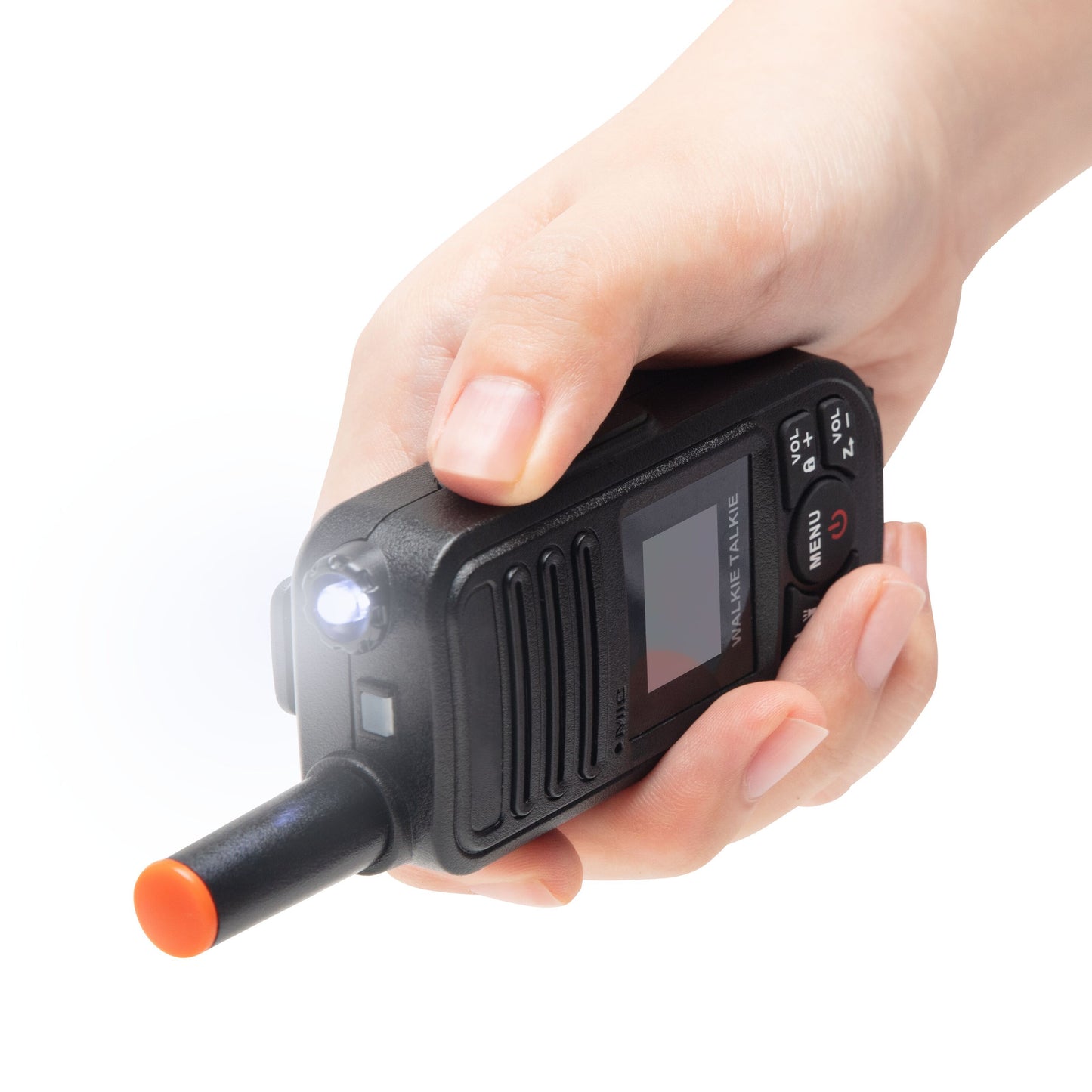 Walkie-talkie 2-pak 10 km rækkevidde, lille display, volumen/menu-knapper, hvid LED-lys, orange antennespidser, genopladelige batterier.
