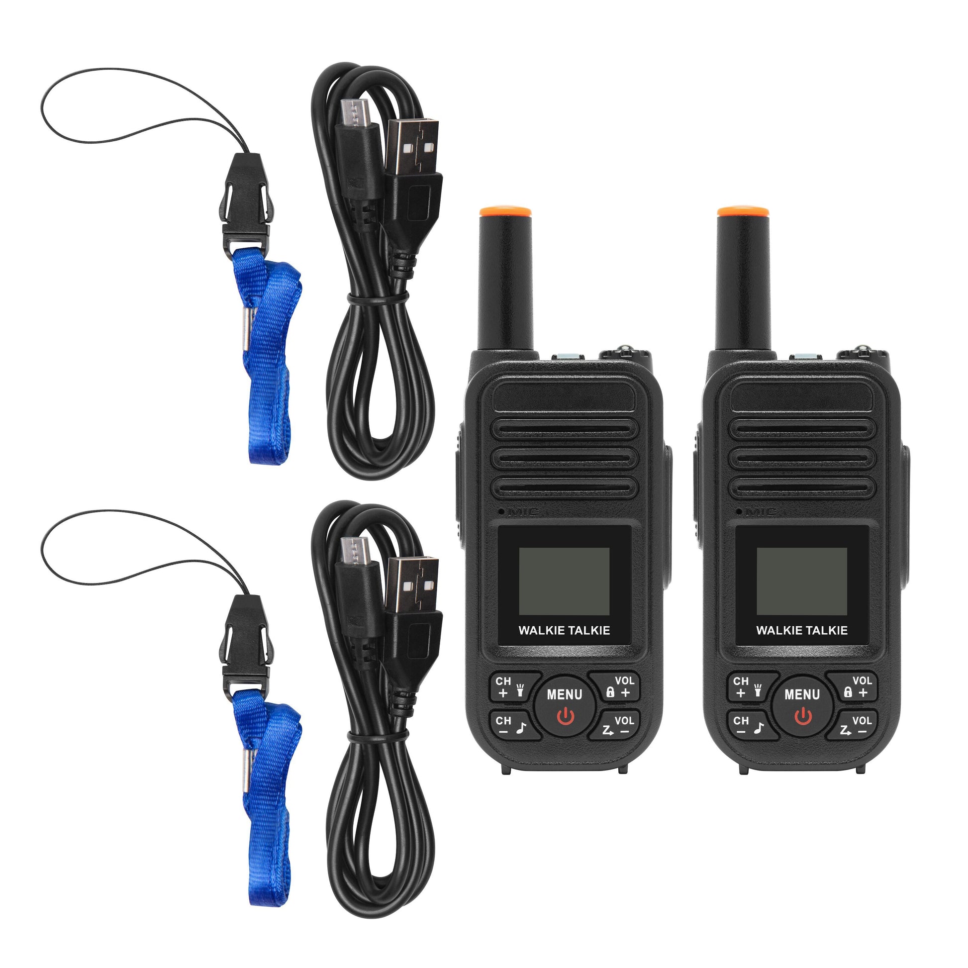Walkie-talkie 2-pack sort, digital skærme, 10 km rækkevidde, USB-kabler, blå håndledsremme, genopladelige batterier.