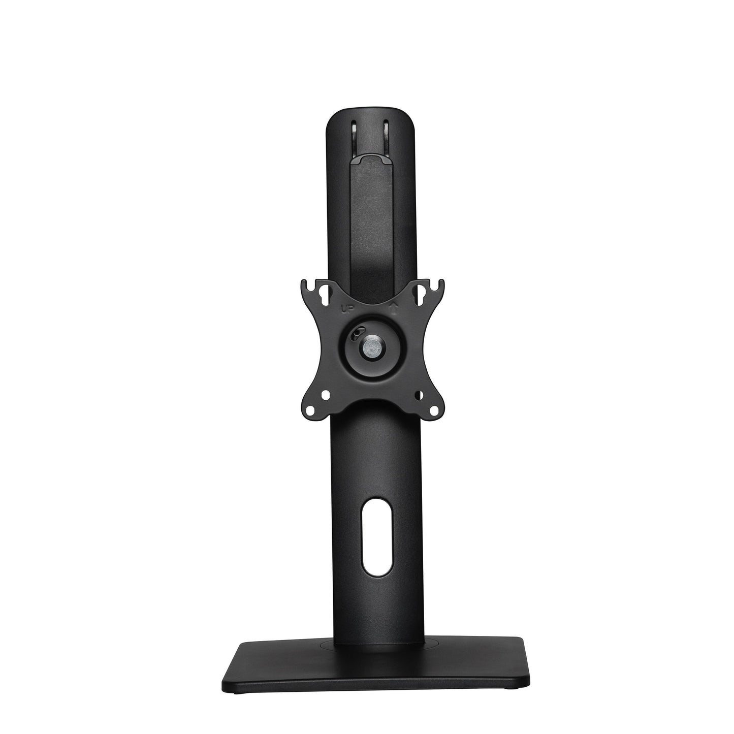 Plexgear justerbart sort skærmstativ til 17-32", rektangulær base, VESA-mount, lodret slot, kabelhul.