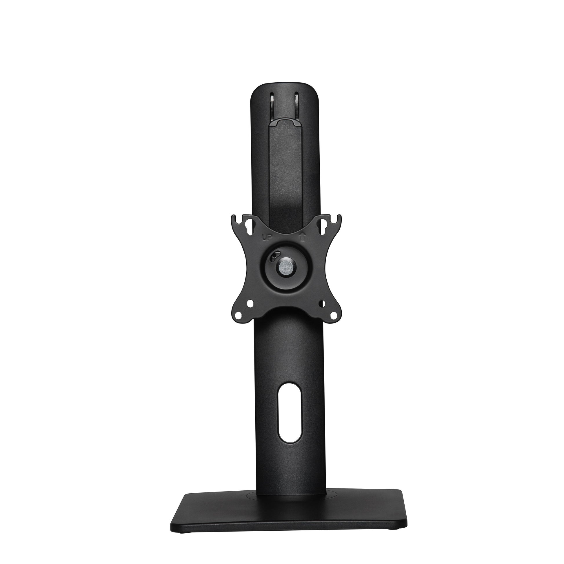 Plexgear justerbart sort skærmstativ til 17-32", rektangulær base, VESA-mount, lodret slot, kabelhul.