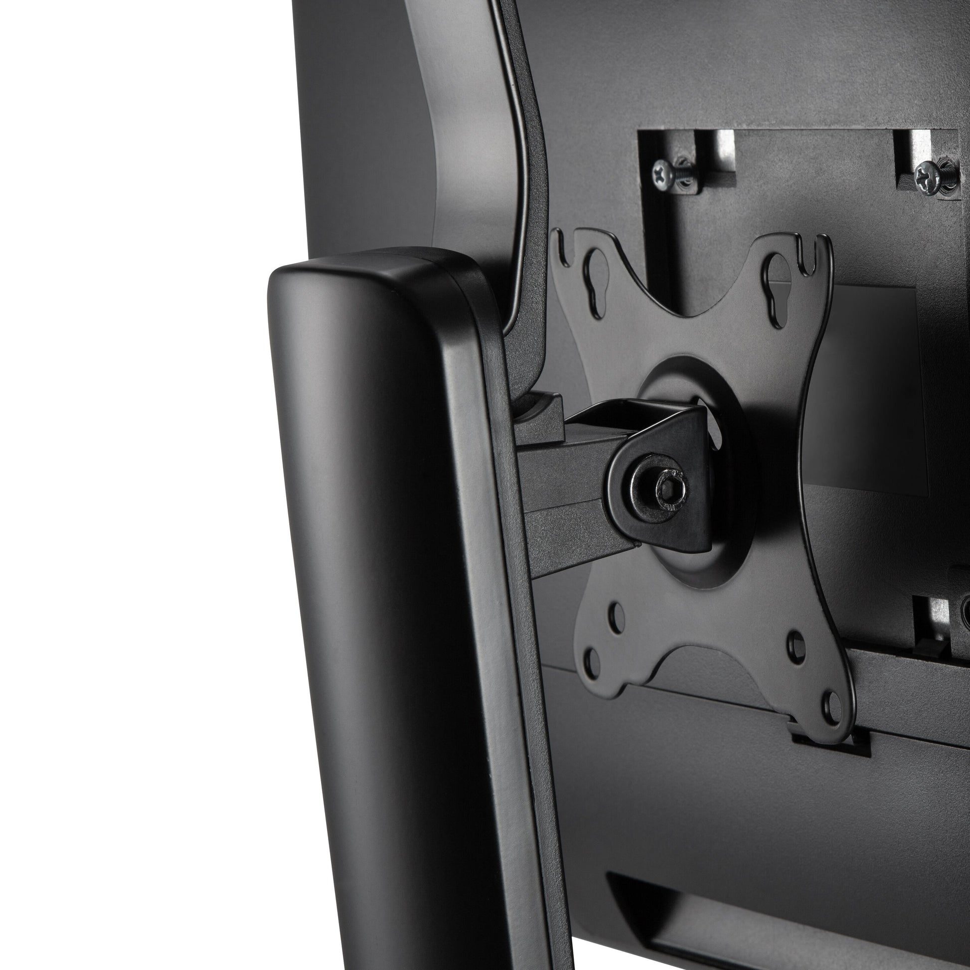 Plexgear Justerbart skærmstativ til skærm 17-32", VESA-mount med synlige skruer og beslag, sort baggrund.