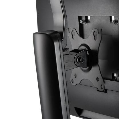 Plexgear Justerbart skærmstativ til skærm 17-32", VESA-mount med synlige skruer og beslag, sort baggrund.
