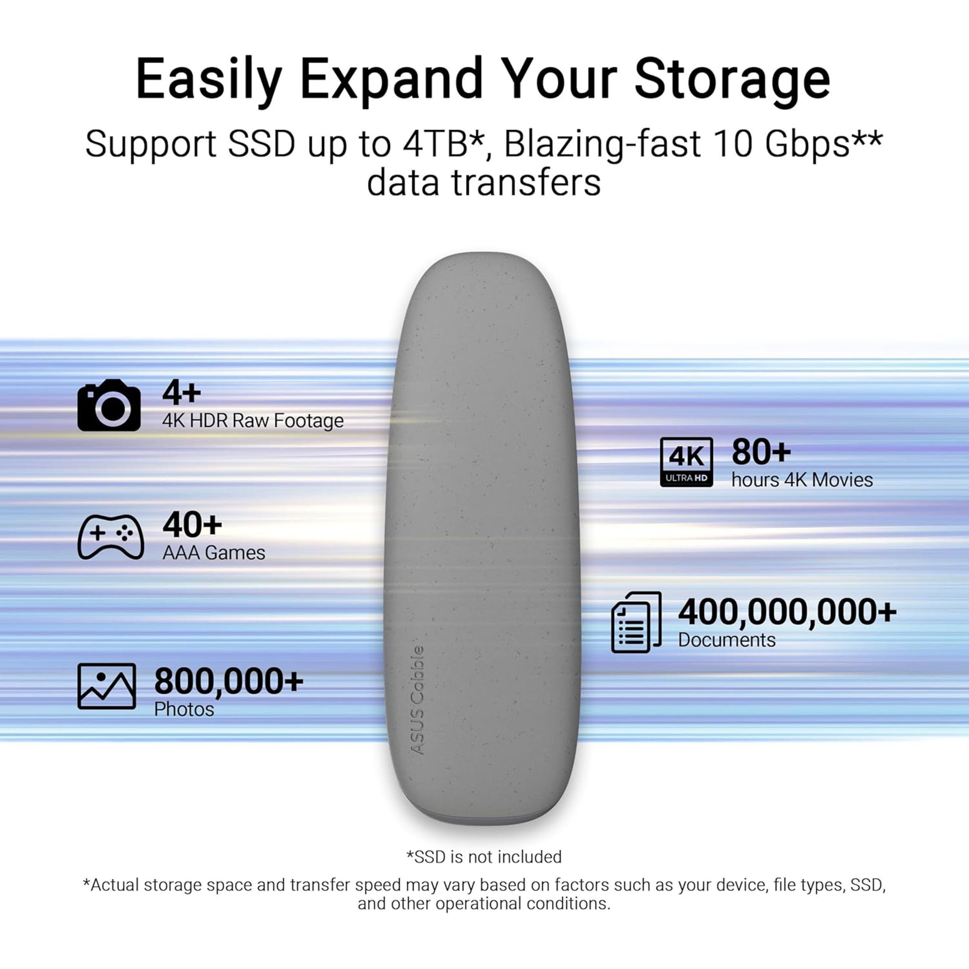 ASUS Cobble SSD-kabinet M.2 grå, ekstern lager op til 4TB, USB 3.2 Gen 2, synlig port og kompakt design.