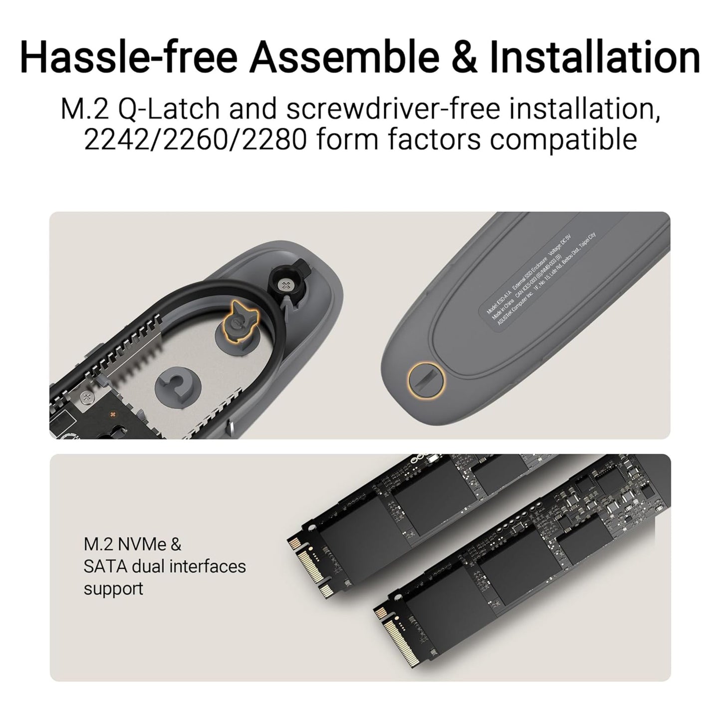 Asus Cobble SSD-kabinet M.2 grå, åbent kabinet med to M.2-drev, USB 3.2 Gen 2, værktøjsfri montering, ekstern lagring.