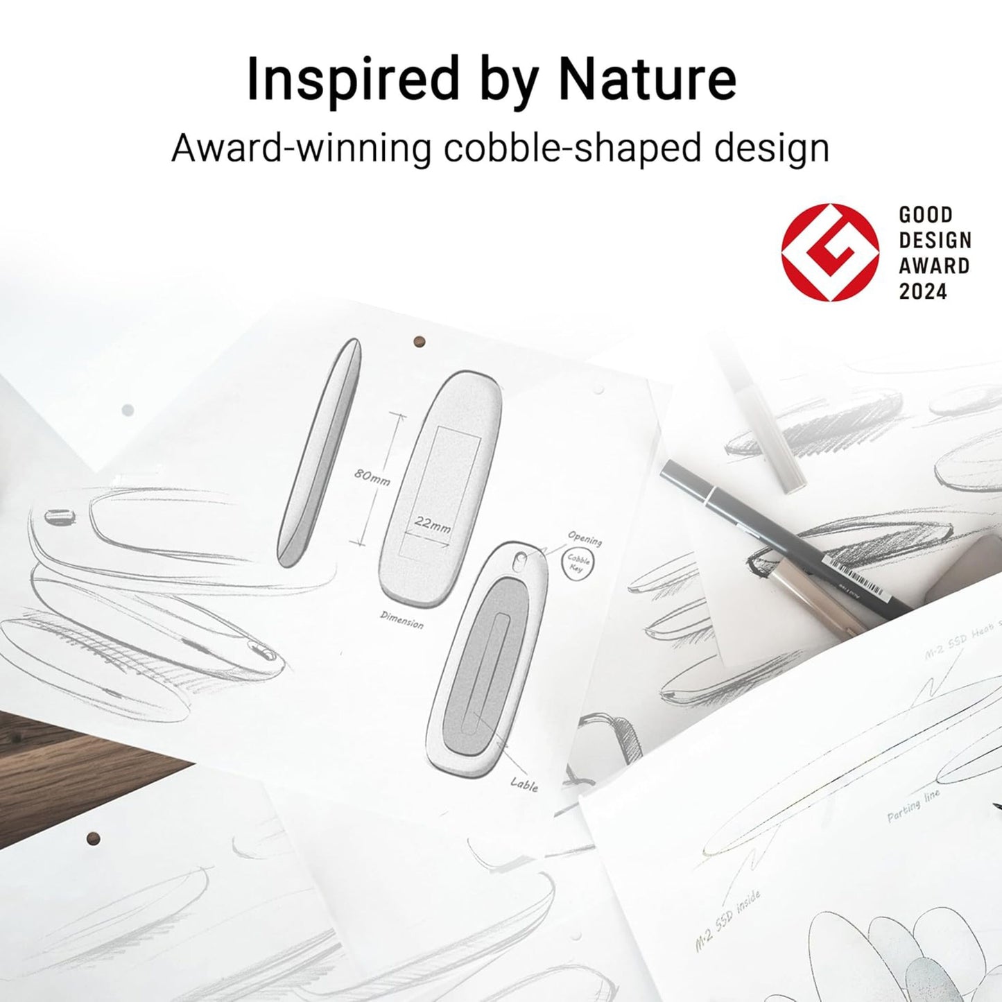 Asus Cobble SSD-kabinet M.2 grå, tekniske tegninger, tekst: Inspired by Nature, USB 3.2 Gen 2, Good Design Award 2024-logo.