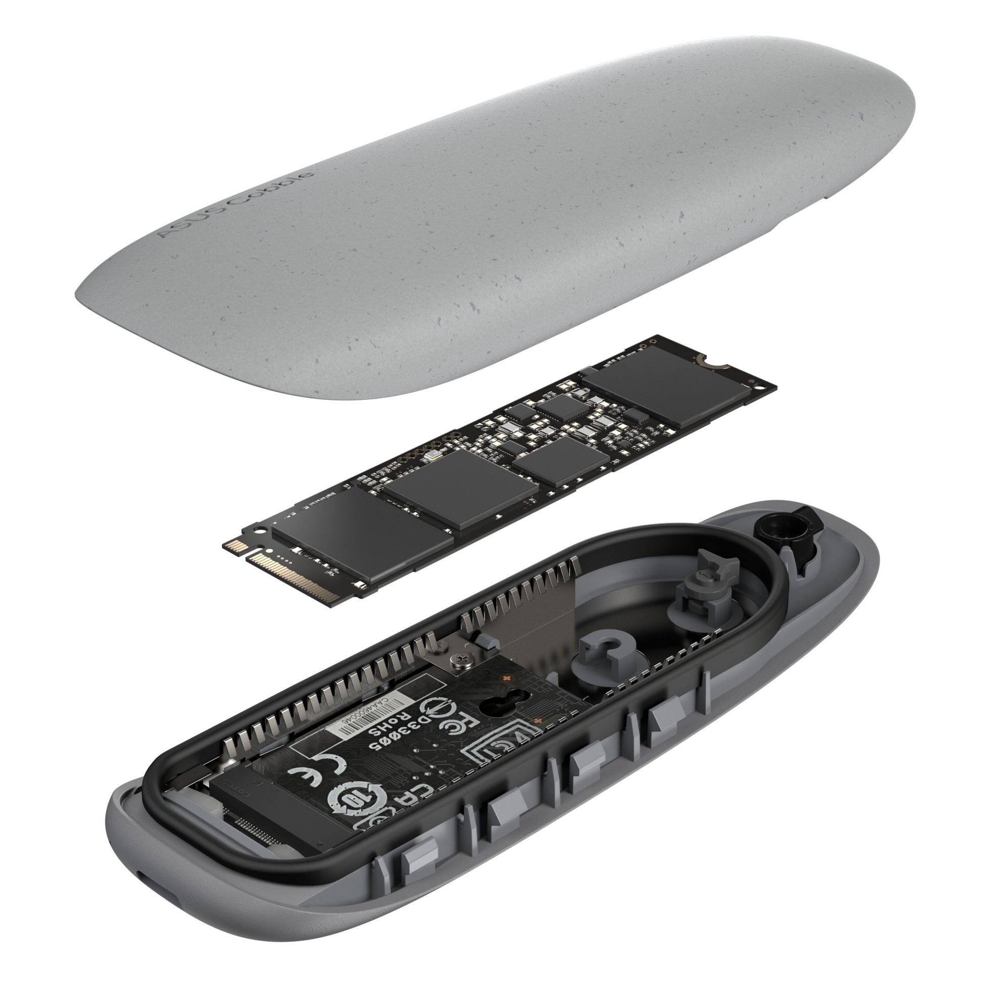 Asus Cobble SSD-kabinet M.2 grå, buet top, central printplade, bundt med stik til ekstern lagring via USB 3.2 Gen 2.