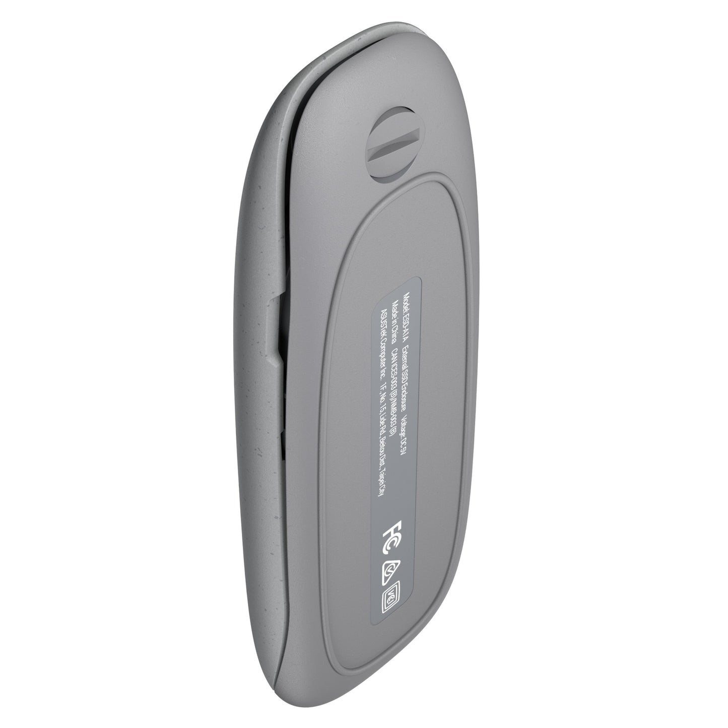 Asus Cobble SSD-kabinet M.2 grå set bagfra i vinkel med USB 3.2 Gen 2 port øverst og certificeringsmærkat.