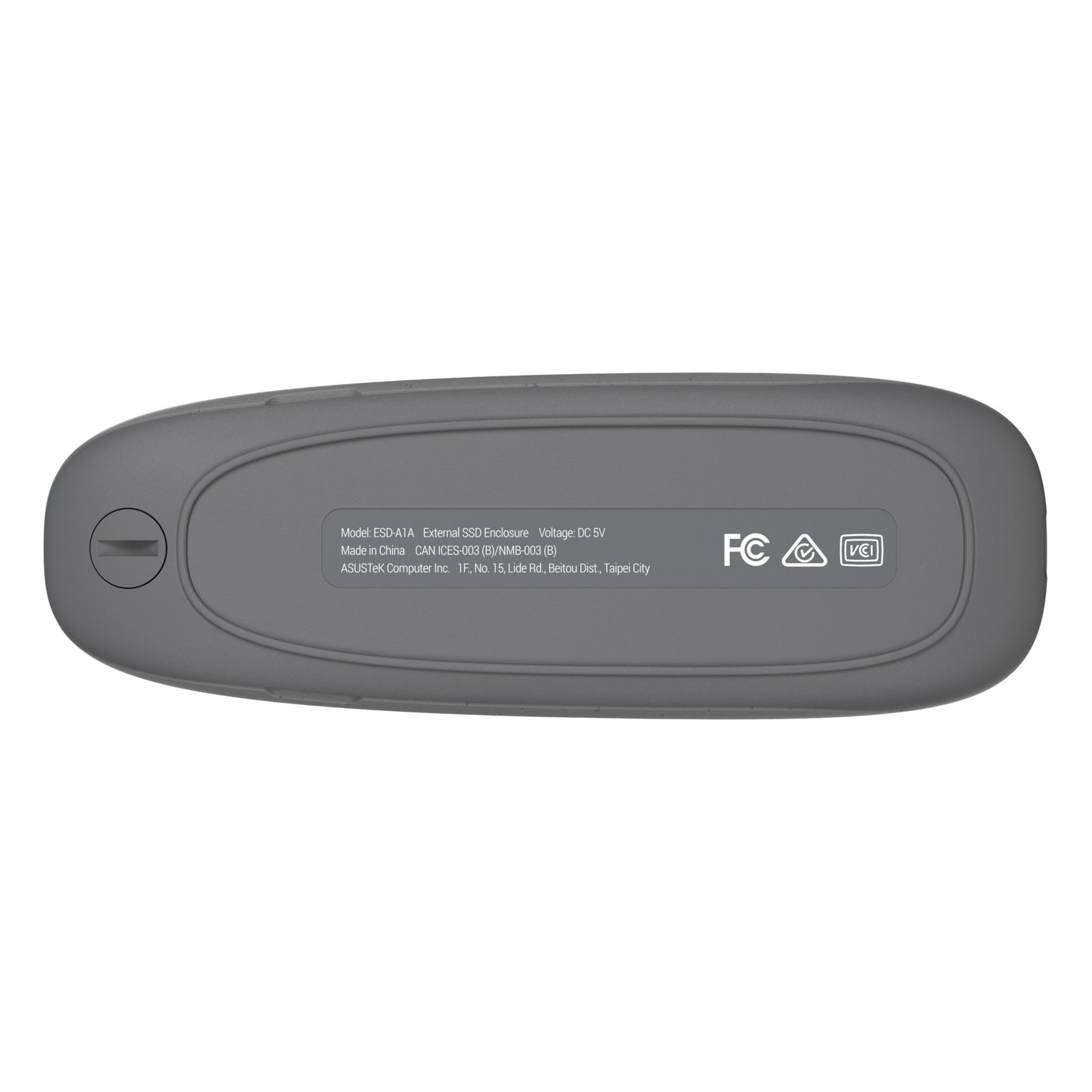Asus Cobble SSD-kabinet M.2 Grå bundt med produktinfo, certificeringer og regulatoriske symboler til USB 3.2 Gen 2 lagring.