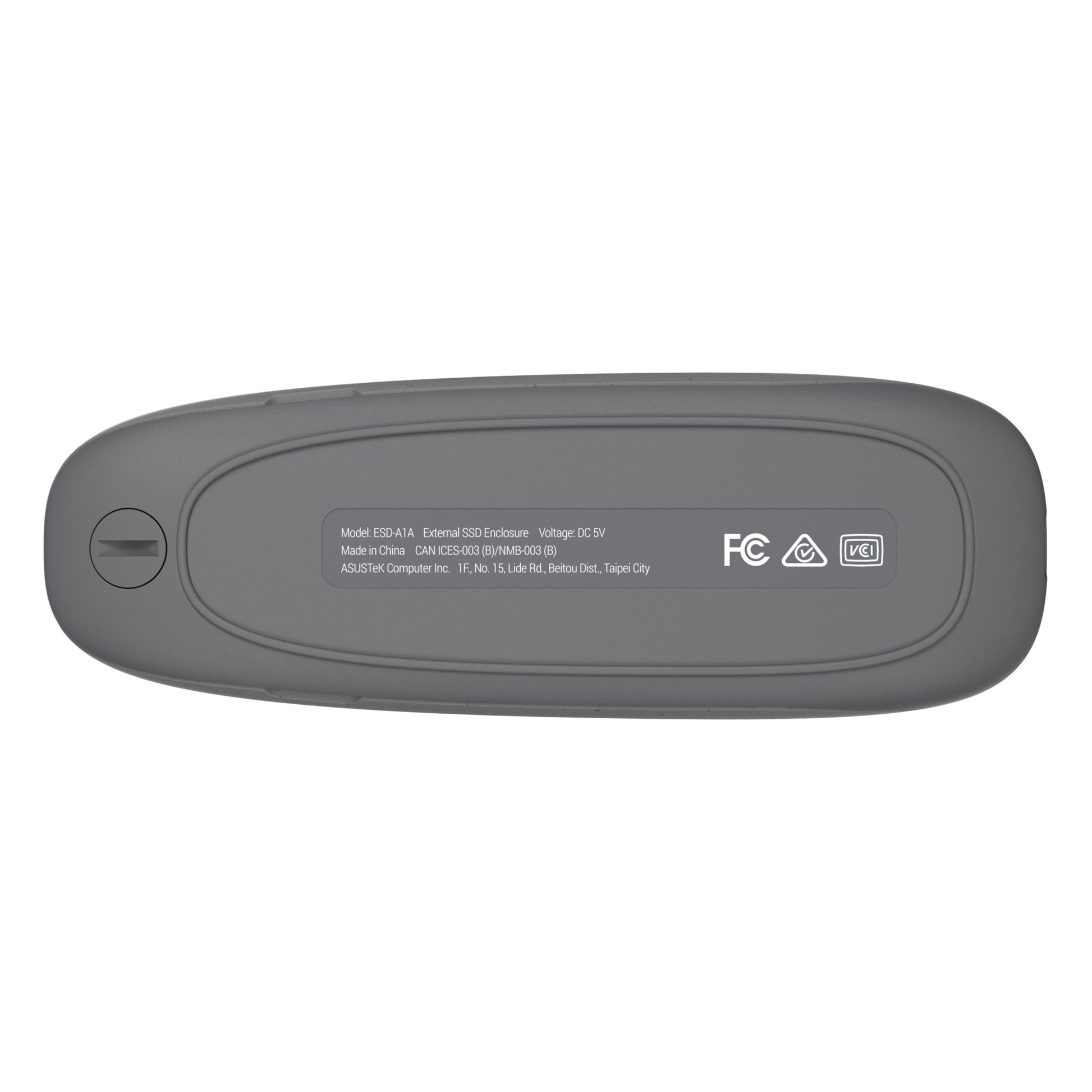Asus Cobble SSD-kabinet M.2 Grå bundt med produktinfo, certificeringer og regulatoriske symboler til USB 3.2 Gen 2 lagring.