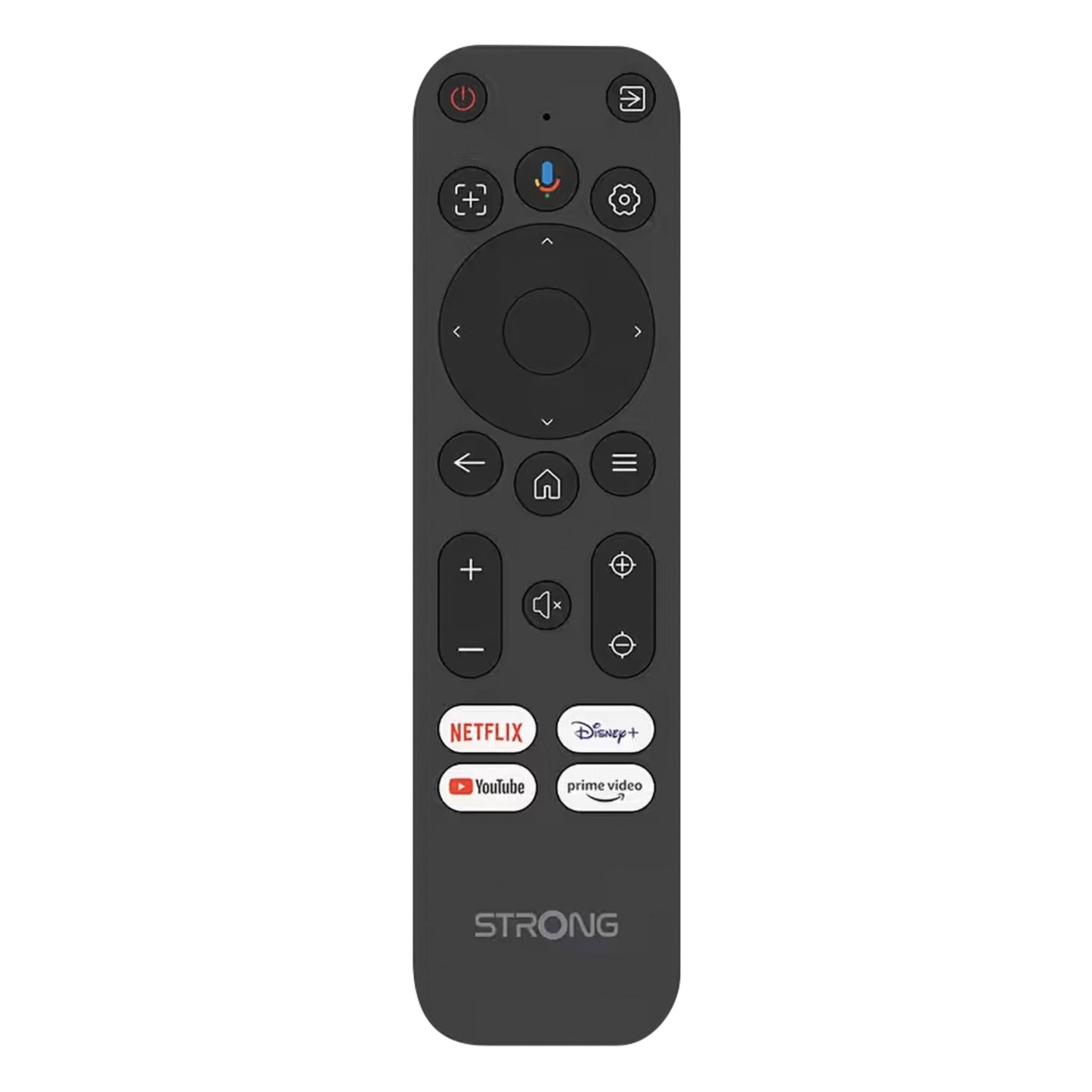 Strong MIRA1 Google TV projektor fjernbetjening sort med navigations-, lydstyrke-, kanal- og strømknapper, streaming-genveje.