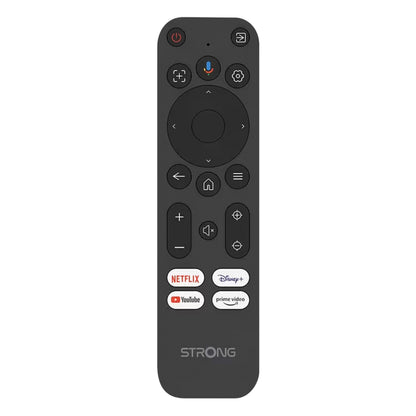 Strong MIRA1 Google TV projektor fjernbetjening sort med navigations-, lydstyrke-, kanal- og strømknapper, streaming-genveje.