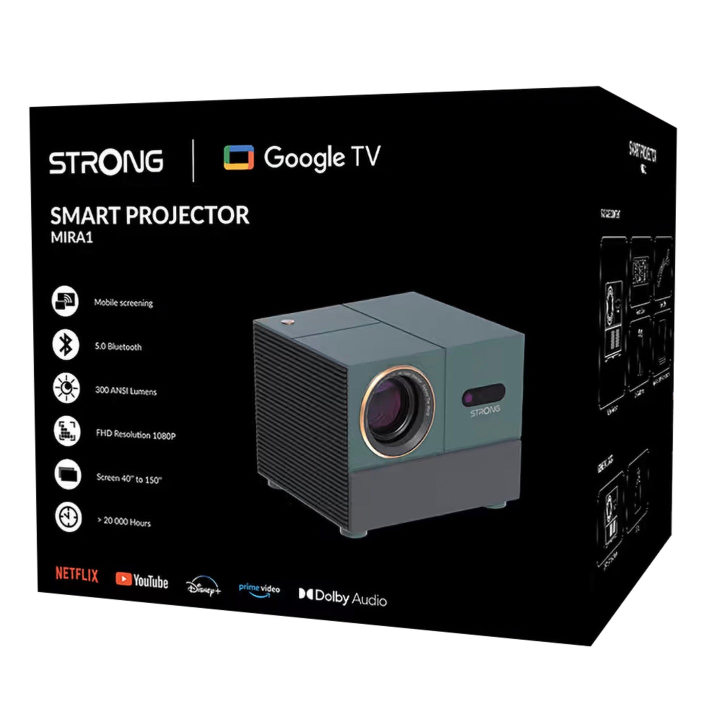 Strong MIRA1 Google TV projektor i sort boks, 1920×1080, HDR10, 300 ANSI lumen, Bluetooth 5.0, Dolby Audio, streaming-apps.