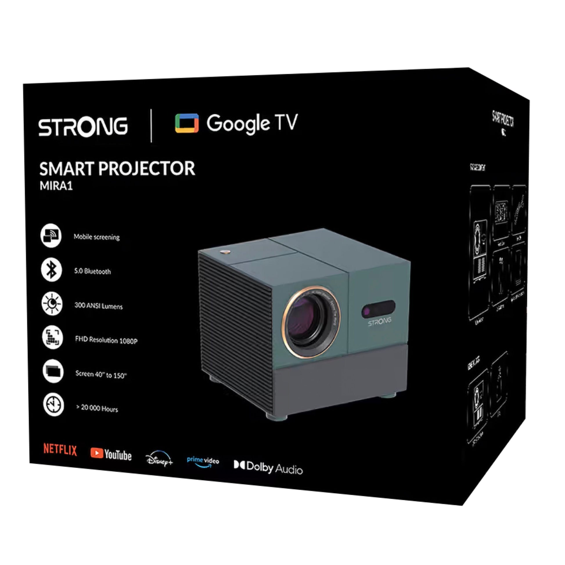 Strong MIRA1 Google TV projektor i sort boks, 1920×1080, HDR10, 300 ANSI lumen, Bluetooth 5.0, Dolby Audio, streaming-apps.