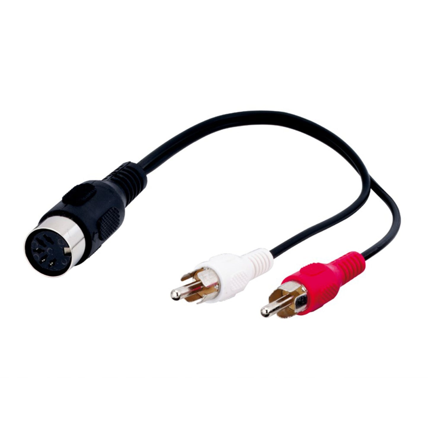 DIN til RCA-adapter 0,2 m sort kabel med rund 5-pin DIN hanstik og rød/hvid RCA hanstik.