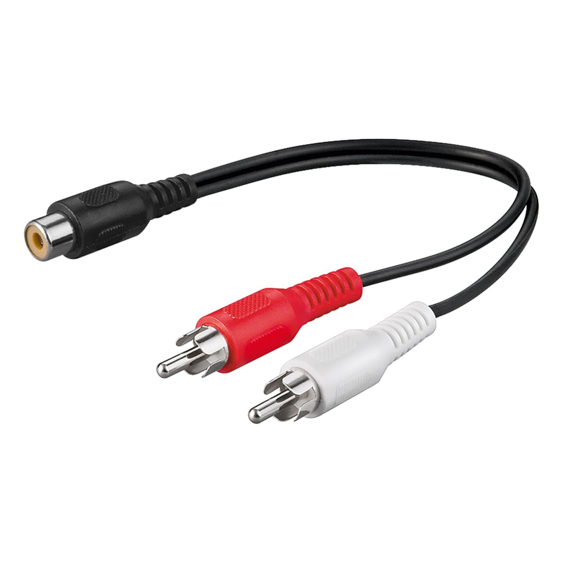 Adapter til subwoofer, sort RCA-kabel med 1 hunstik og 2 hanstik (rød/hvid) til stereolydsignaler.