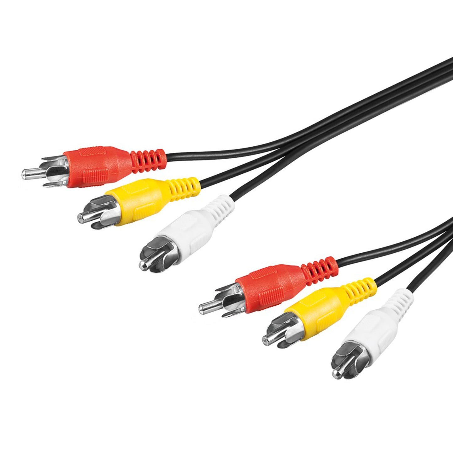 Kompositkabel 5 m, tre sæt 3x RCA-stik (rød, gul, hvid) til sorte ledninger, stik i én række.