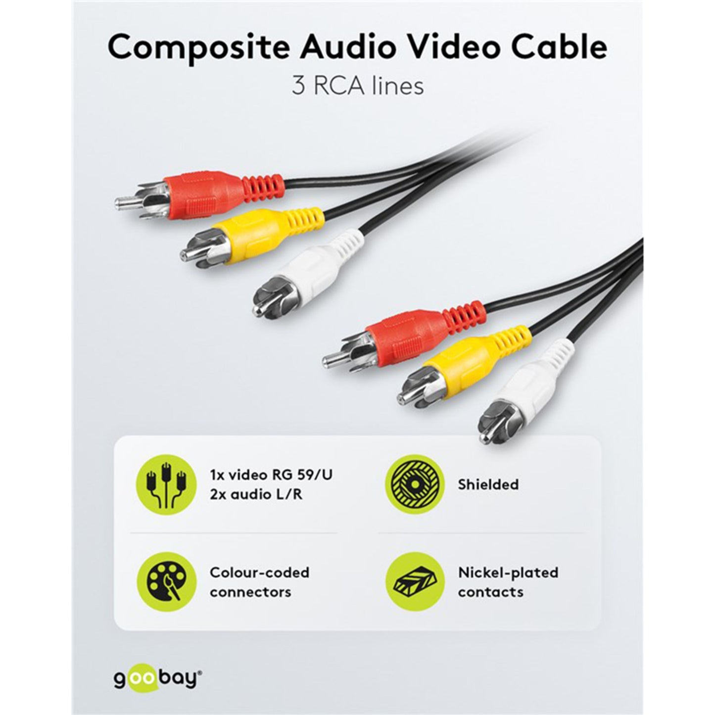 Kompositkabel 5 m 3x RCA stik (rød, gul, hvid) i hver ende RG 59/U kabel nikkelforfinede afskærmede stik.