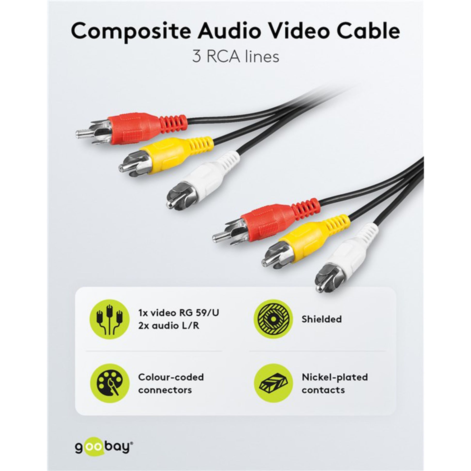 Kompositkabel 5 m 3x RCA stik (rød, gul, hvid) i hver ende RG 59/U kabel nikkelforfinede afskærmede stik.