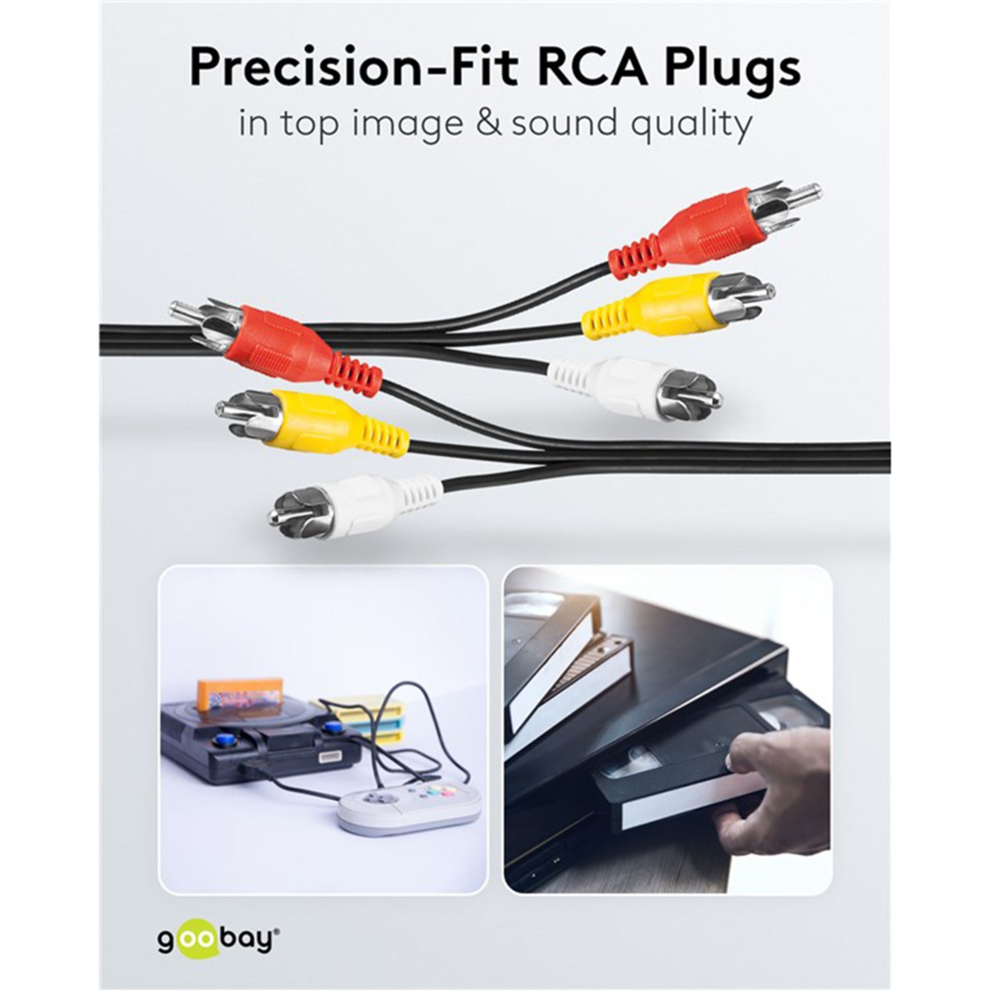 Goobay kompositkabel 5 m med seks RCA-stik (rød, gul, hvid) til retrospilkonsol/VCR, Goobay-logo og tekst synlig.