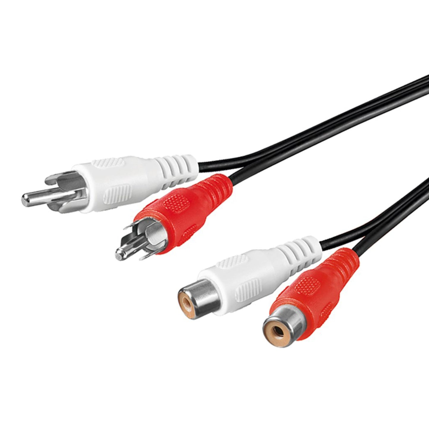 Goobay RCA-forlængerledning 2x RCA 1,5 m sorte kabler med røde og hvide han/hun-stik.