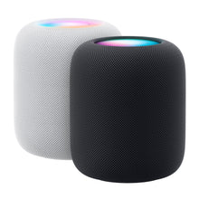 Apple HomePod smarthøjttaler Midnat sort mesh, farvet lys på toppen, stemmestyring, rumlig lyd, fås i sort og hvid.