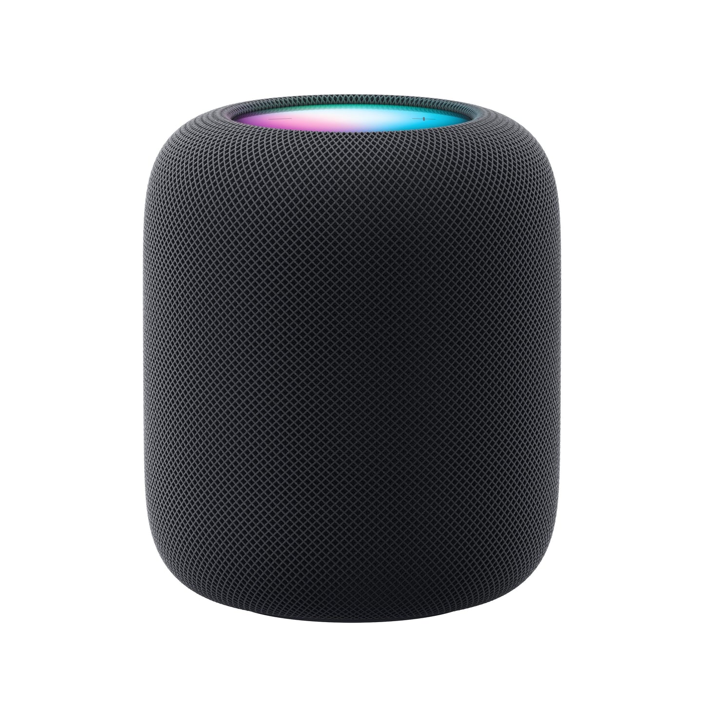 Apple HomePod Midnat sort cylinder med mesh, flerfarvet lys på toppen, smarte højtalere med stemmestyring.