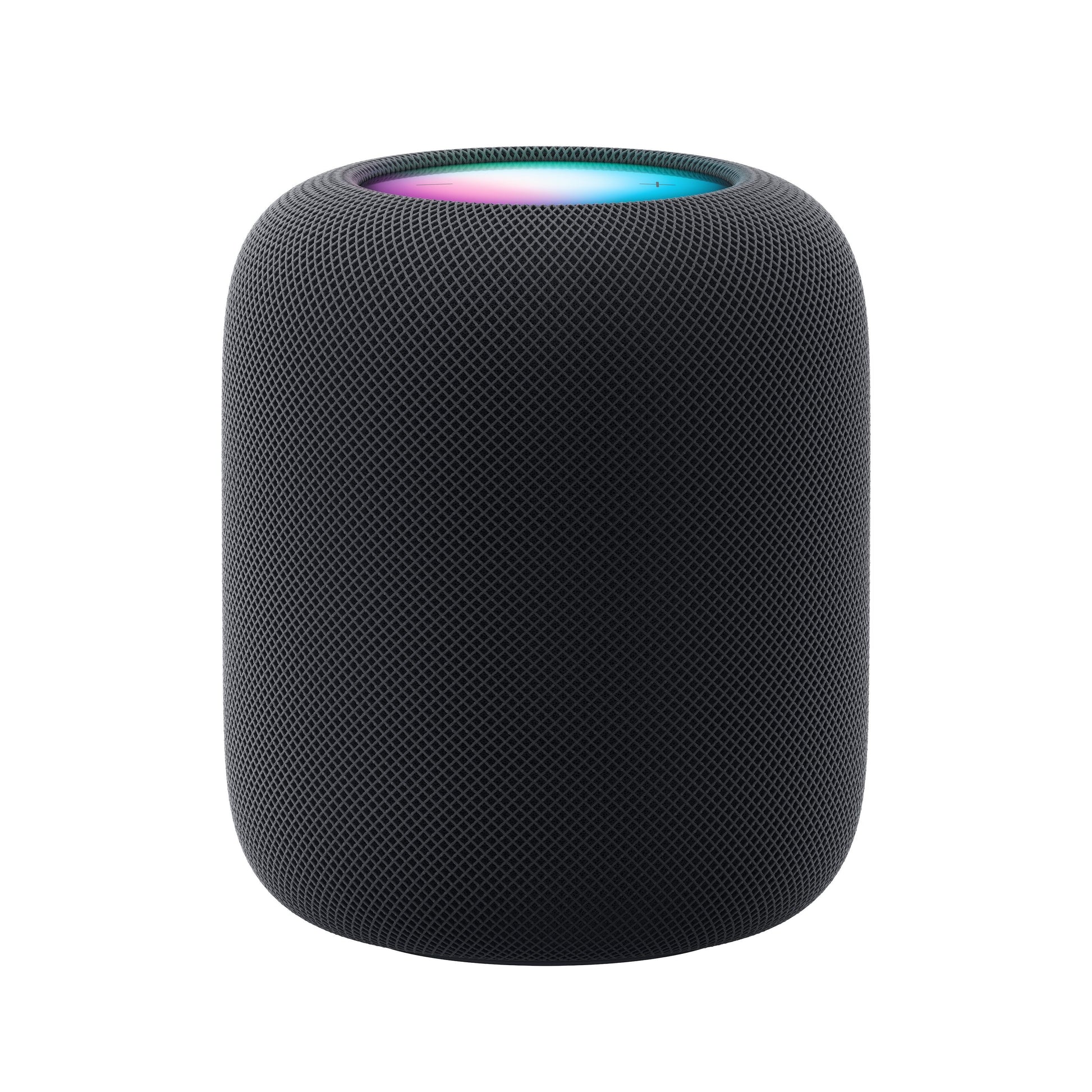 Apple HomePod Midnat sort cylinder med mesh, flerfarvet lys på toppen, smarte højtalere med stemmestyring.