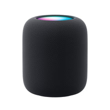 Apple HomePod Midnat sort cylinder med mesh, flerfarvet lys på toppen, smarte højtalere med stemmestyring.