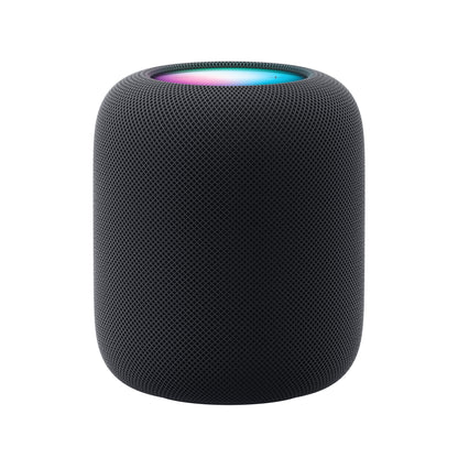 Apple HomePod Midnat sort cylinder med mesh, flerfarvet lys på toppen, smarte højtalere med stemmestyring.