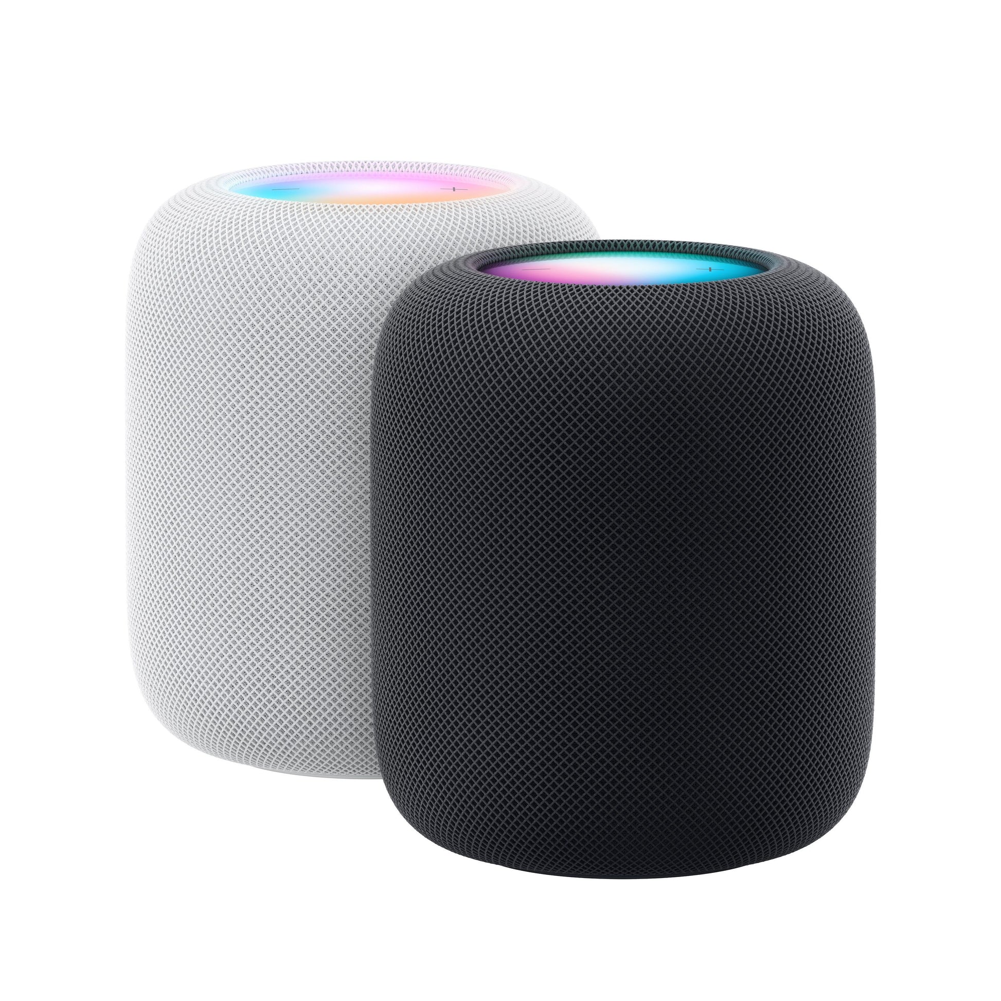 Apple HomePod Midnat smart højttalere i hvid og sort med mesh-yder, flerfarvet toplampe, rumlig lyd og stemmestyring.