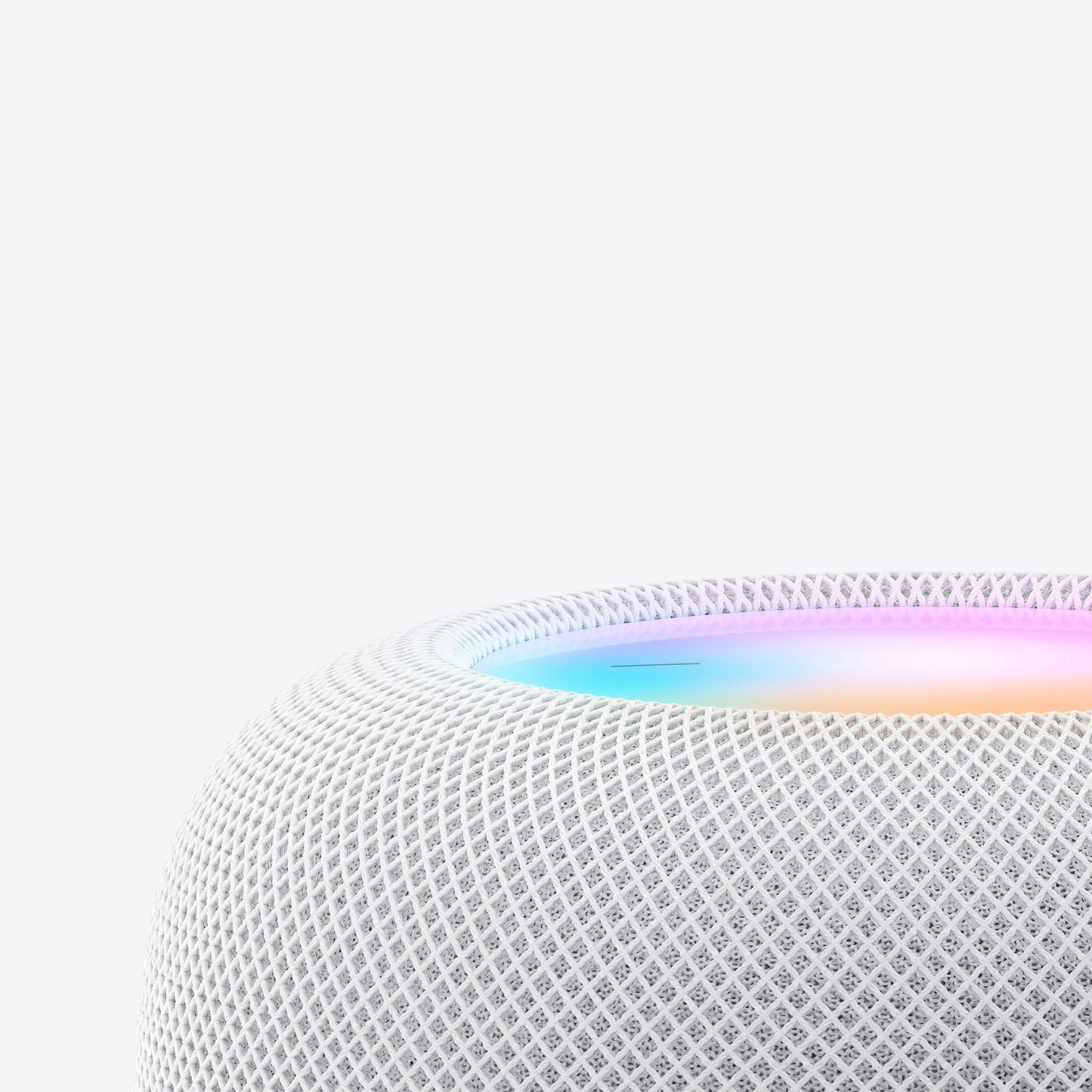 Apple HomePod Midnat smart højtaler top, mesh-design og flerfarvet lys, viser stemmestyring og rumlig lyd.