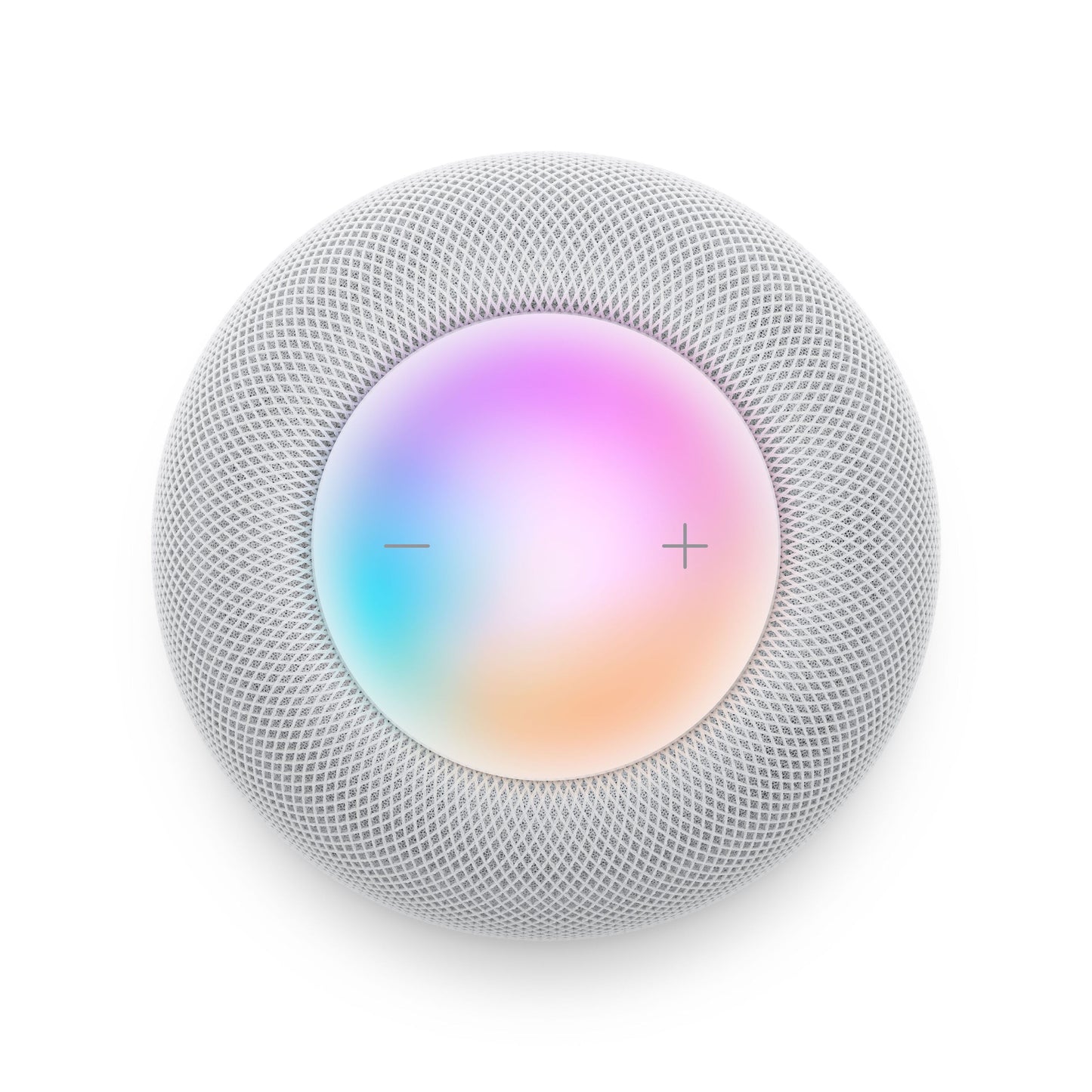 Apple HomePod Midnat topvinkel, mesh-yderlag, flerfarvet berøringsflade med lydstyrkeknapper.