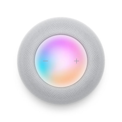 Apple HomePod Midnat topvinkel, mesh-yderlag, flerfarvet berøringsflade med lydstyrkeknapper.