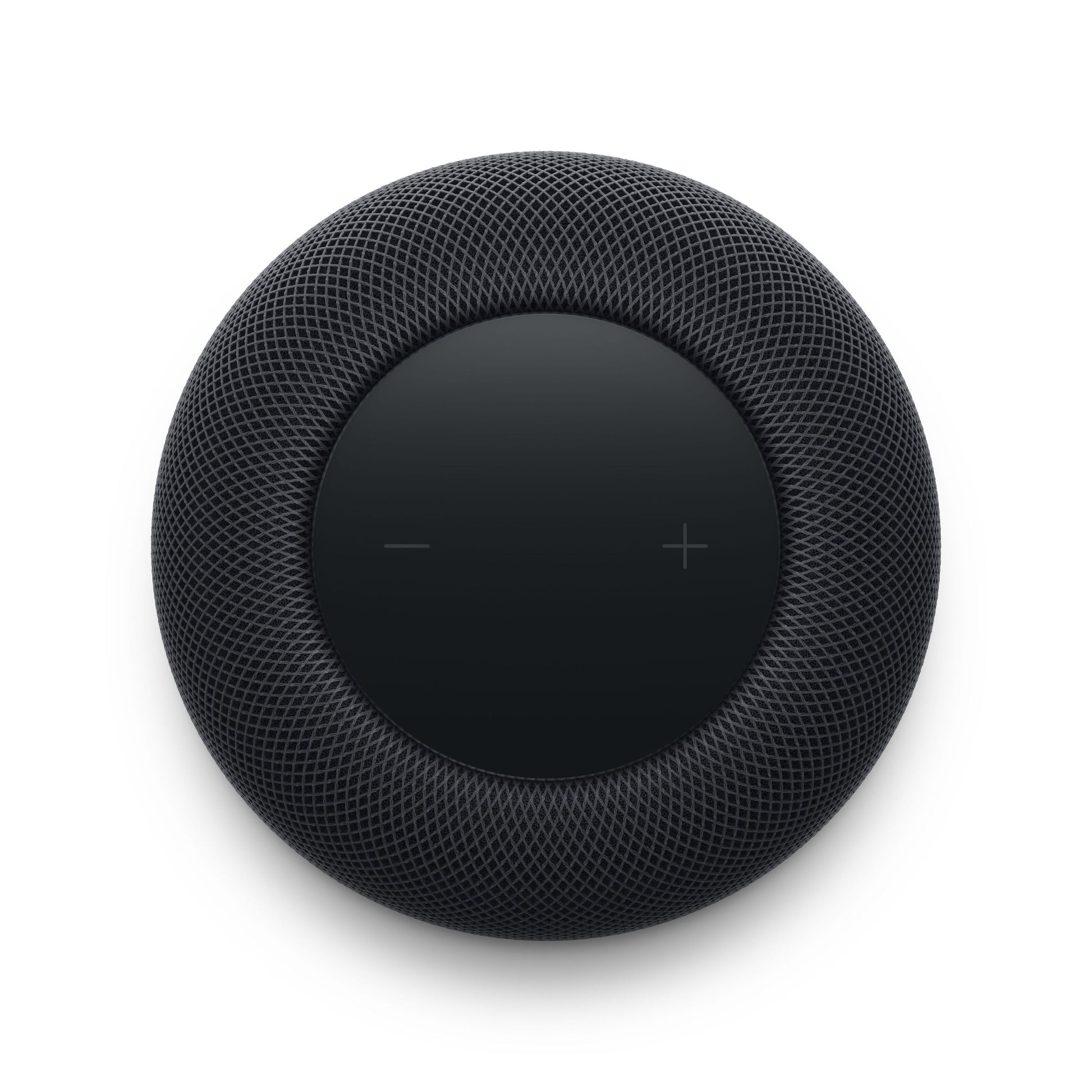 Apple HomePod Midnat smart speaker sort, topview med cirkulær touchflade, plus/minus symboler, tekstureret mesh-grill.
