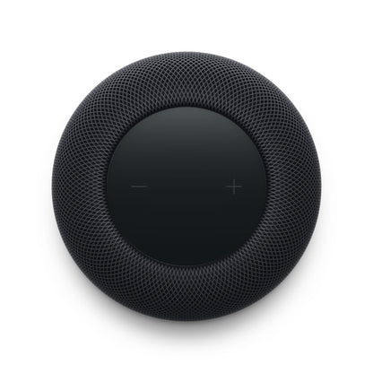 Apple HomePod Midnat smart speaker sort, topview med cirkulær touchflade, plus/minus symboler, tekstureret mesh-grill.