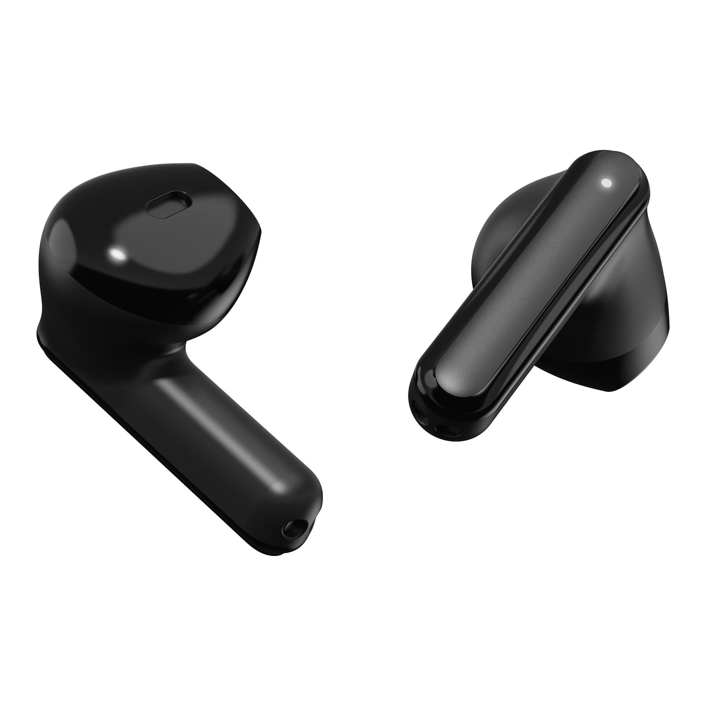 Nomadelic True trådløse øretelefoner Solo 203 sort, én set fra siden og én forfra, Bluetooth 6.0, blank finish.