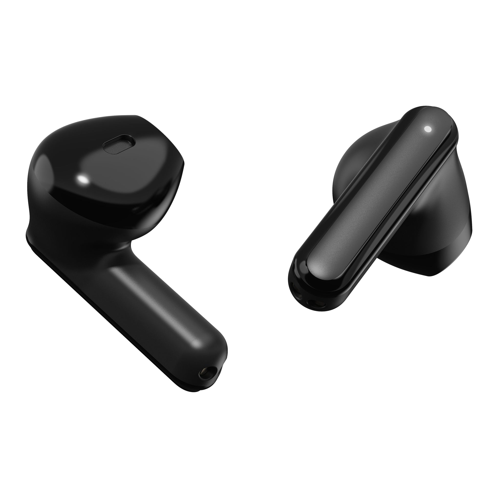 Nomadelic True trådløse øretelefoner Solo 203 sort, én set fra siden og én forfra, Bluetooth 6.0, blank finish.