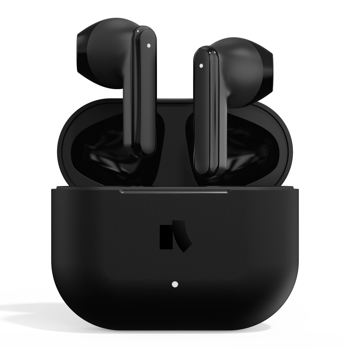 Nomadelic Solo 203 true wireless sorte øretelefoner med aktiv støjreduktion i åbent etui med LED-lys og diskret logo.