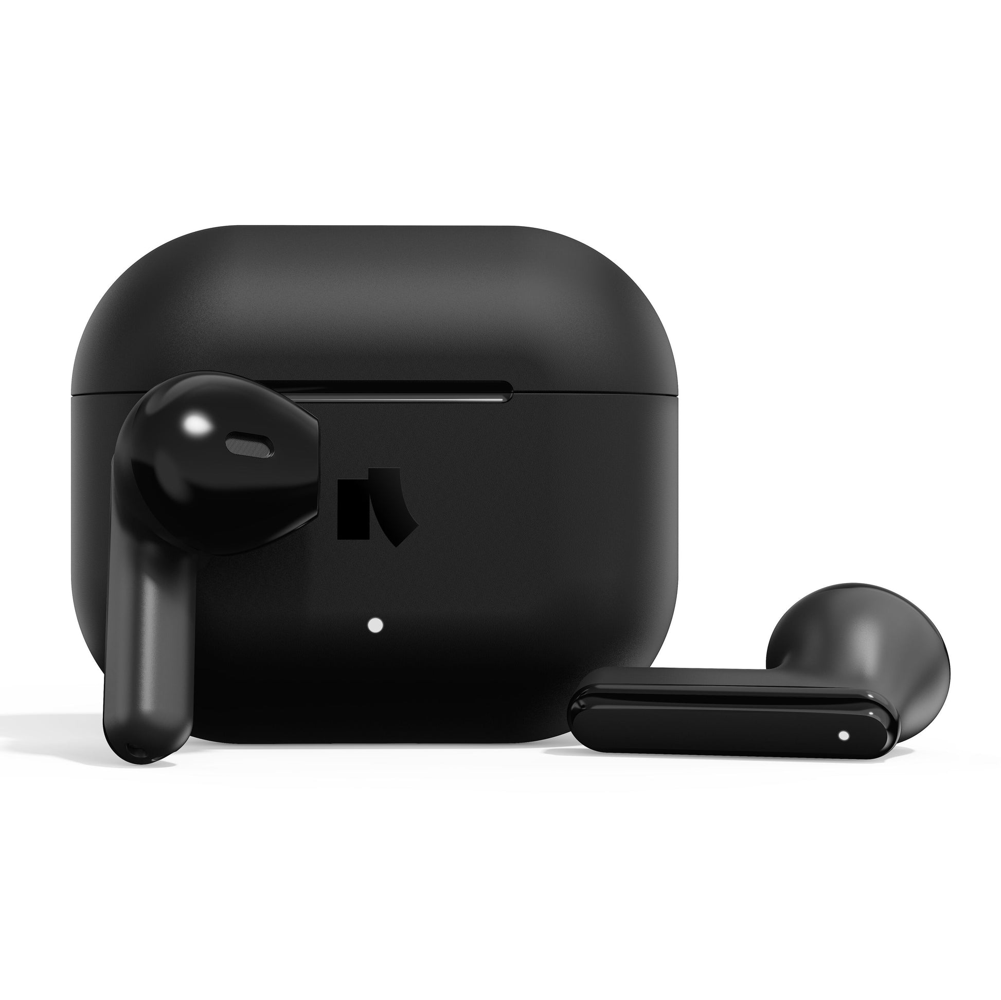 Nomadelic Solo 203 true wireless øretelefoner sort med etui, indikatorlys og Nomadelic-logo, én øreprop oprejst, én liggende.