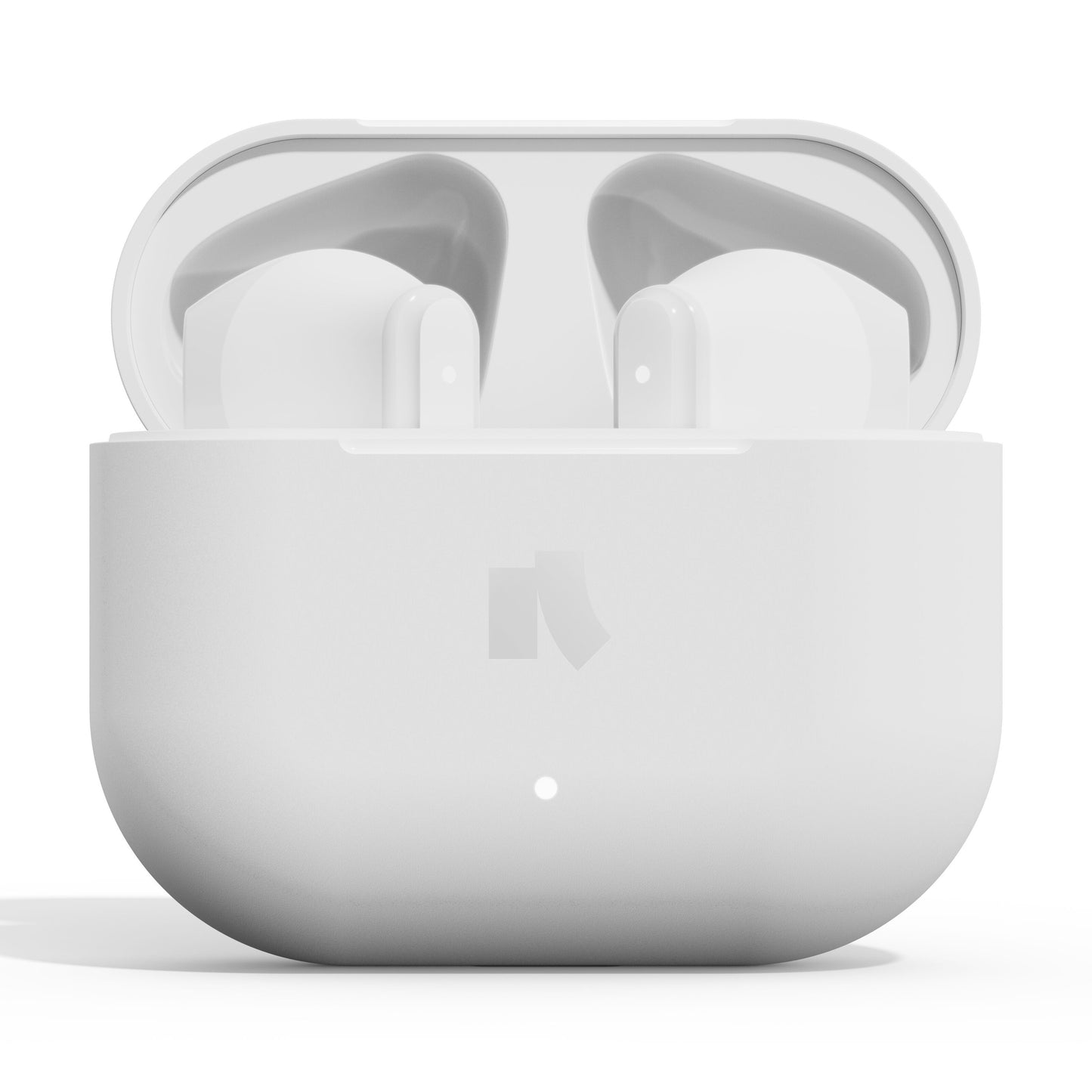 Nomadelic Solo 203 true wireless øretelefoner hvid med åben opladeetui, diskret logo, LED-indikator og ENC-support.