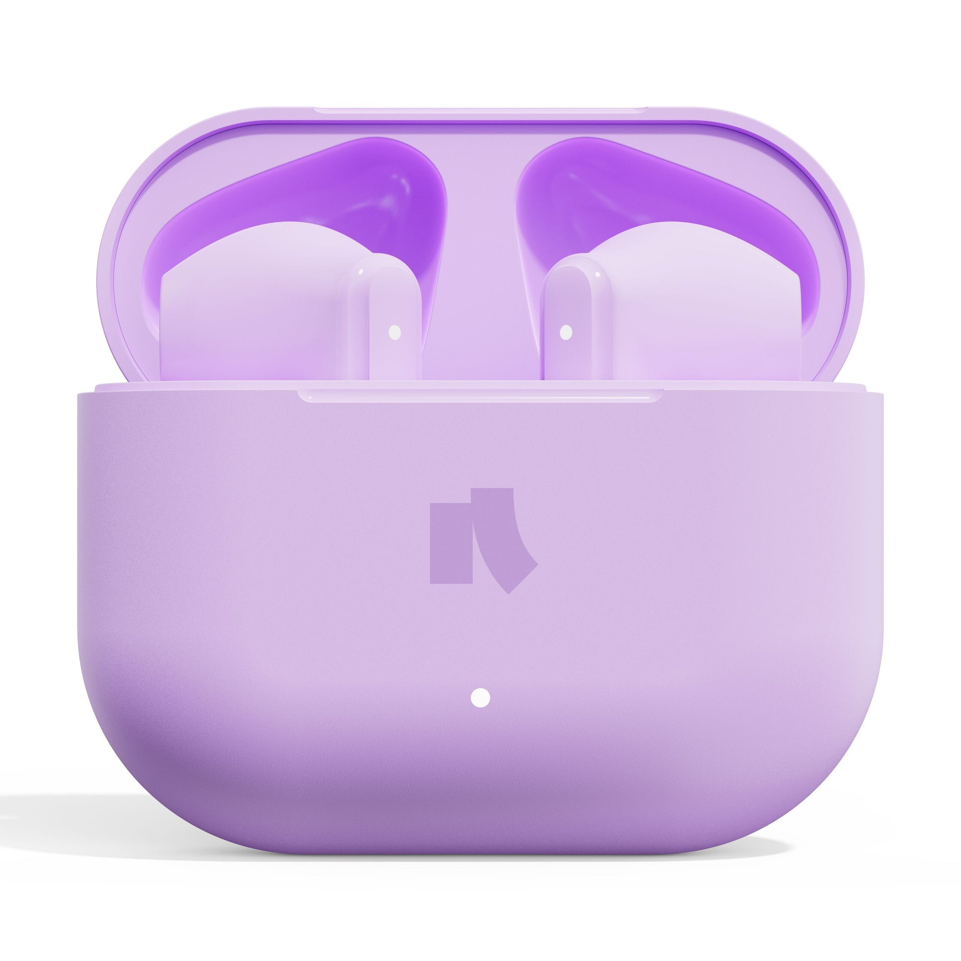 Nomadelic Solo 203 trådløse ørepropper i lilla med Bluetooth 6.0, lilla etui med frontlys og op til 24 timers batteritid.