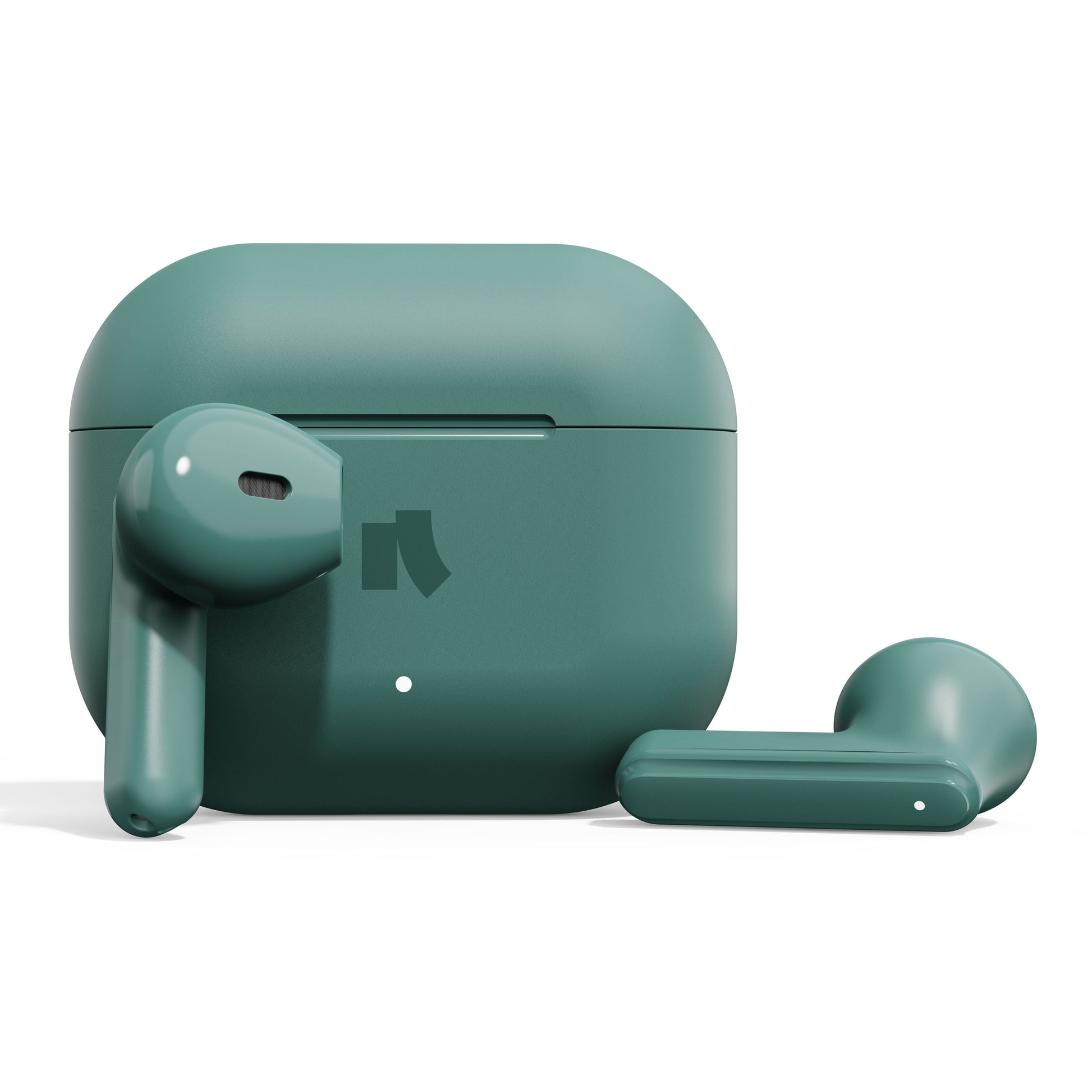 Nomadelic Solo 203 grøn True Wireless hovedtelefoner med Bluetooth 6.0, grøn etui med diskret logo og hvid indikatorlampe.