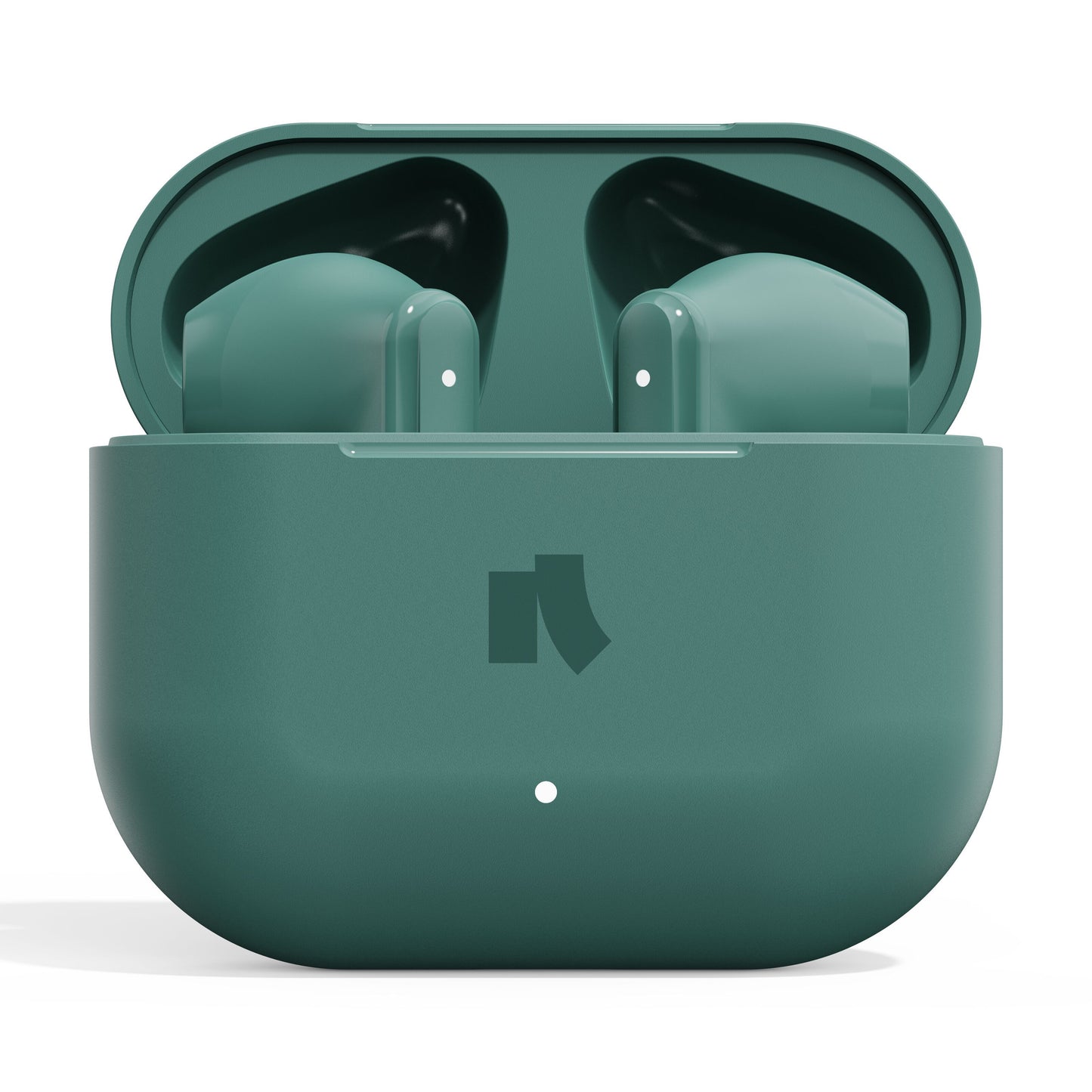 Nomadelic Solo 203 true wireless hovedtelefoner grøn, Bluetooth 6.0, åbent etui med LED-indikator og logo.
